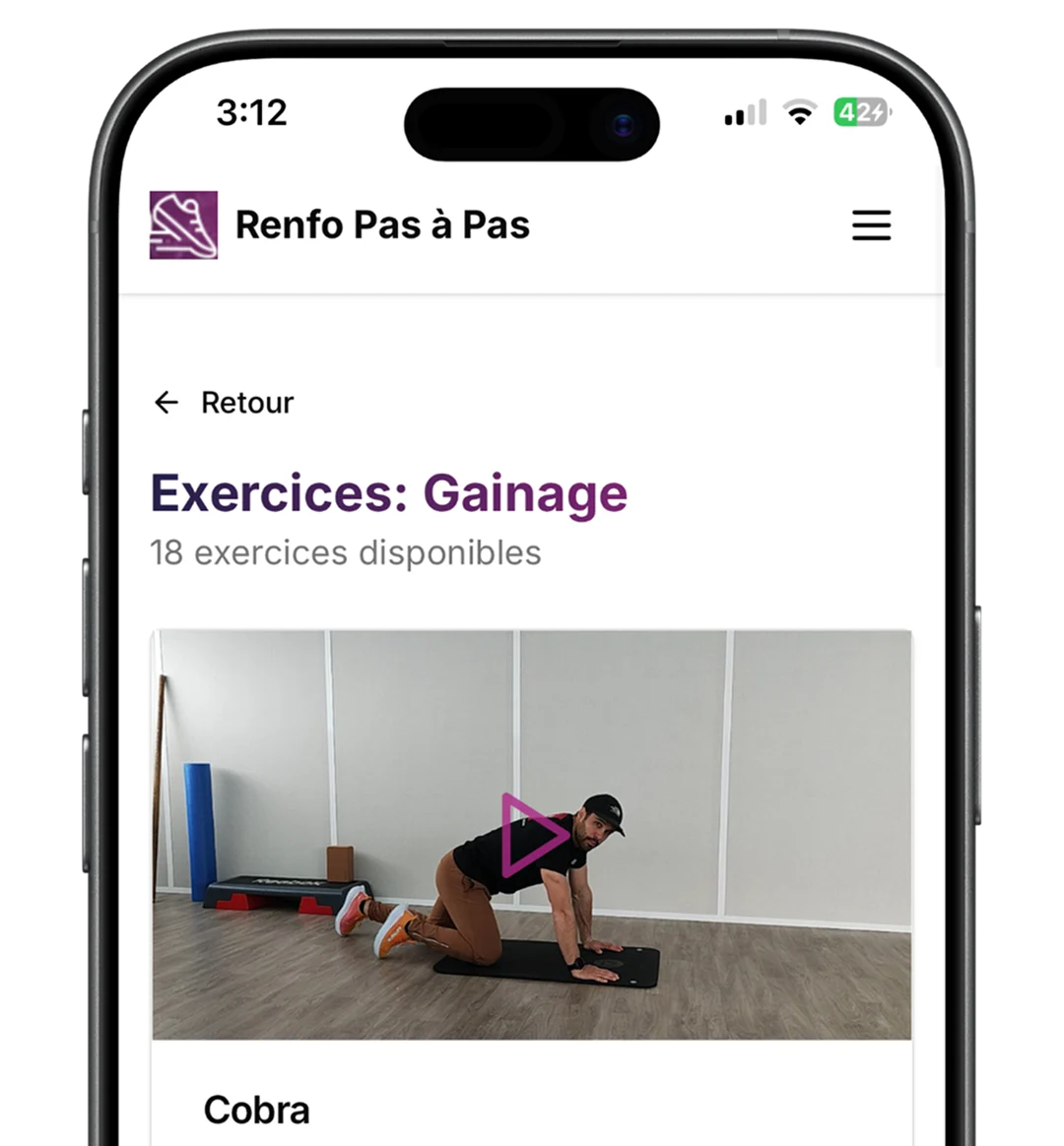 Interface Renfo Pas à Pas montrant la progression adaptée au niveau du coureur