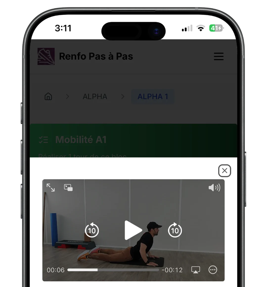 Vidéo d'exercice guidée dans l'application Renfo Pas à Pas